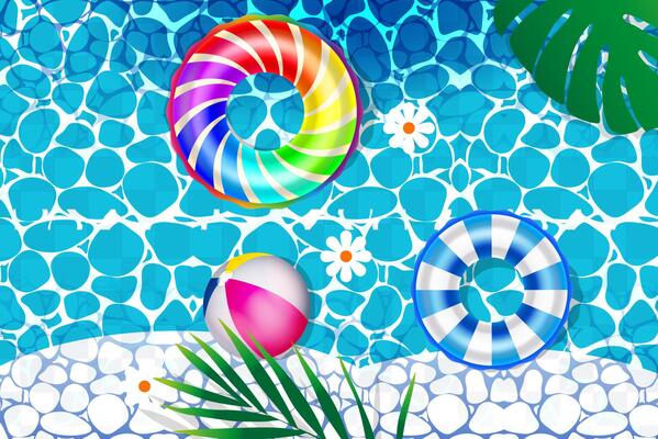 Four colorful inflatable rings float on a vibrant blue water background.