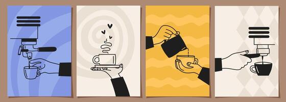 Set of coffee designs, hands making coffee on minimal background for posters, invitations, covers, menus and other templates. illustration in doodle style vector