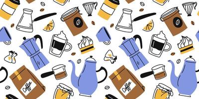 Seamless continuous doodle pattern coffee, drink, dessert. Hand drawn linear color isolated illustration vector
