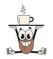 Retro groovy character coffee bean sits in splits with cup of coffee on tray. Vintage isolated illustration vector