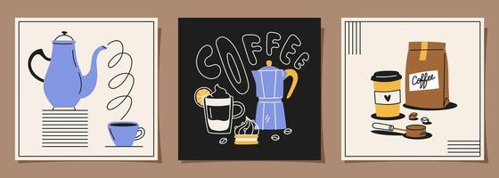 Set of card designs, coffee posters on minimal background for invitations, covers, menus and other design and interior templates. illustration in doodle style vector