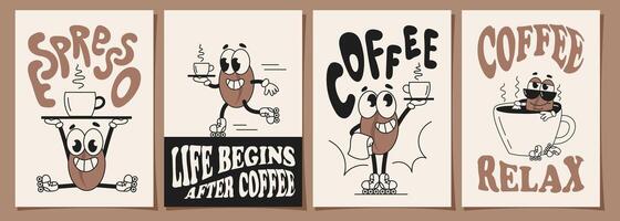 Vintage coffee design set, funny coffee character on minimal background for posters, invitations, covers, menus and other templates. Groovy style illustration vector