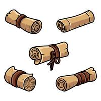Old paper scrolls set. Magic sacred manuscripts, ancient paper rolls, sheets. Ancient antique papyrus with text and seal, tied with rope graphic illustrations. vector