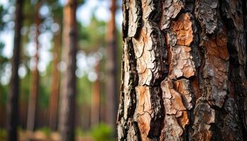 Pine Tree Bark Close-Up in a Tranquil Forest During Early Morning Light photo