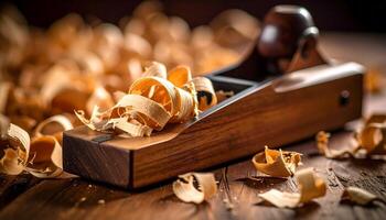 Hand Plane Rests on Wooden Workbench Surrounded by Wood Shavings in a Workshop During Afternoon Light photo