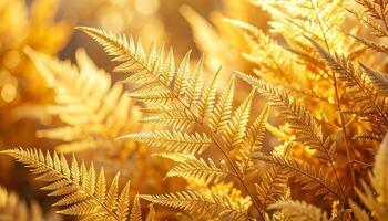 Golden Ferns Illuminated by Sunlight Create a Stunning Natural Display in a Forest During Autumn photo