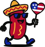 Cartoon hotdog character wearing American flag clothing and celebrating a patriotic holiday joyfully vector