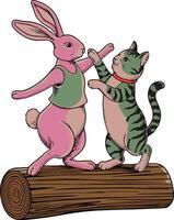 Cute cat and rabbit dancing on a wooden log illustration vector