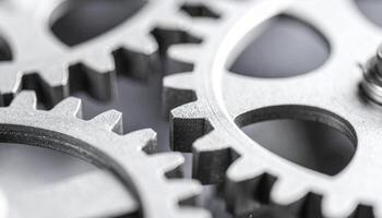 Close-up of Interlocking Metal Gears Showcasing Precision Engineering and Mechanical Design in Industrial Setting photo