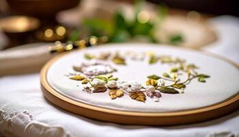 Exquisite Floral Embroidery Displayed on a Wooden Hoop With Intricate Details in a Cozy Crafting Space photo