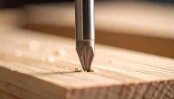 Close-up of a Drill Bit Engaging With a Piece of Wood While Creating a Precise Hole in a Workshop During Daylight Hours photo