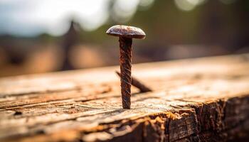 Rusty Nail Embedded in a Weathered Wooden Plank During Late Afternoon Light photo