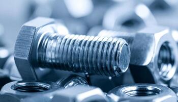 Metallic Bolts and Nuts Arranged in a Close-Up View Highlighting Industrial Hardware and Manufacturing Components photo
