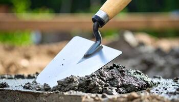 Concrete Mixing and Trowel Work Are Performed on a Sunny Day at a Construction Site in a Residential Area photo