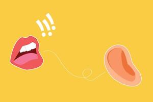 Open mouth with shouting with exclamation points. An ear listens to a secret vector