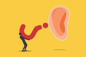Businessman holding oversized question marks near large ear, concept of communication, misunderstanding, contemplation vector