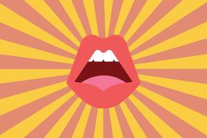 Retro style mouth with half tone pattern sunbeams. vector