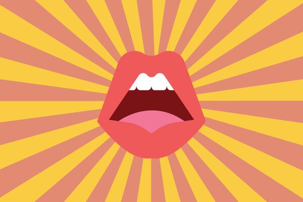 Retro style mouth with half tone pattern sunbeams.