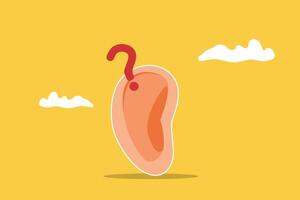 Question marks near large ear, concept of communication, misunderstanding, contemplation vector