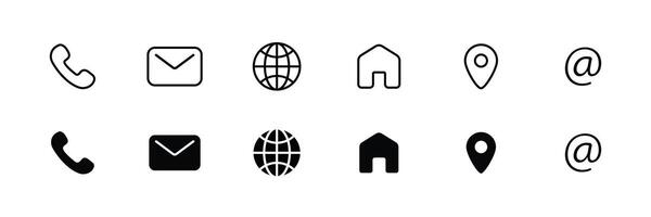 Black and white contact web icon set. phone home global location pin for business website design vector