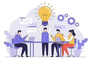 People sitting at a table with laptops and a light bulb vector