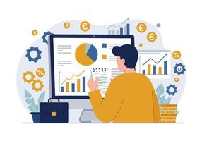 Man working on computer with graphs and money icons vector