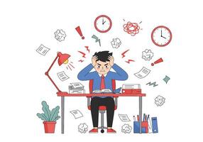 A man sitting at a desk with a lot of papers and other items around him vector