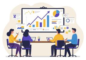 People sitting at a table with a board showing graphs vector