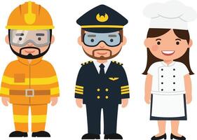 Three people in different professions, including a firefighter, a chef and a police officer vector