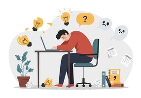 A man is sitting at a desk with a laptop and a bunch of ideas vector