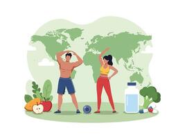 A man and woman are standing in front of a world map with food and vitamins vector