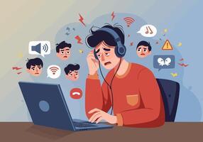 A man with headphones and a laptop is sitting at a desk with a lot of icons around him vector