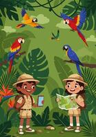 Two children in safari outfits with maps and parrots vector