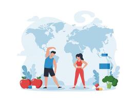 A man and woman are standing next to a map with fruits and vegetables vector