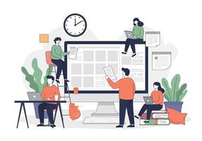 People working on a computer and a clock vector