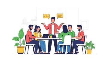 People sitting around a table with a laptop and a speech bubble vector