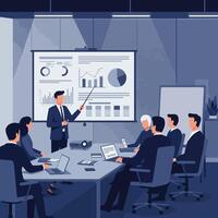 7 Business people in meeting room with projector screen and whiteboard vector
