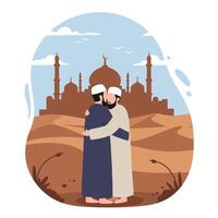 Muslim men hugging in the desert illustration vector
