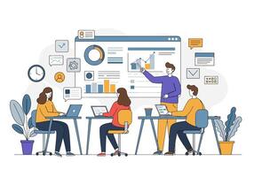 People working in an office with a whiteboard and a laptop vector