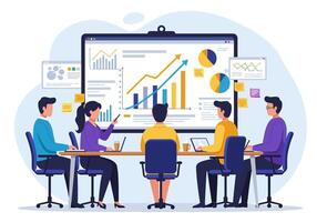 Business people in meeting room with board showing graphs vector