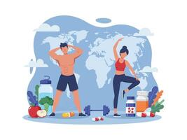 A man and woman are doing exercises with food and other items vector