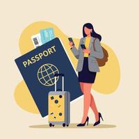 A woman with a suitcase and passport is standing next to a passport vector