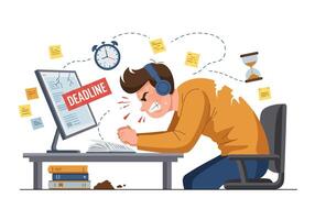 A man is sitting at a desk with a computer and a deadline vector