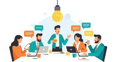 People sitting around a table with a light bulb above them vector