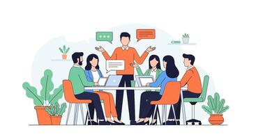 People sitting around a table with a man giving a presentation vector