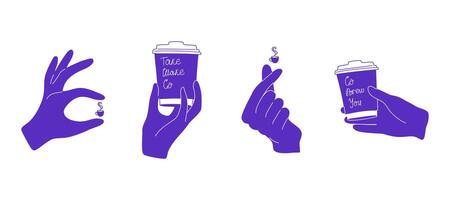 Set of hands with coffee cups. Hand gestures with hot drink and coffee to go. Minimalist art for coffee shop and cafe. Hand drawn illustration. vector