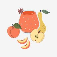 Glass of orange drink and fruits. Healthy vegan smoothie, pear, apple, peach and anise. Menu element for cafe, restaurant, bar. Hand drawn flat design illustration. vector