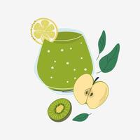 Glass of green drink and fruits. Healthy vegan smoothie, apple, kiwi and lemon. Menu element for cafe, restaurant, bar. Hand drawn flat design illustration. vector