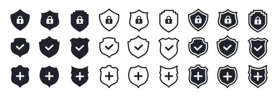 Security Shield icon. Lock security icon, Set of security shield icons, securityshields symbols with check mark, plus and padlock, Shield security icon, Safety, protection line sign. Heraldic set. vector