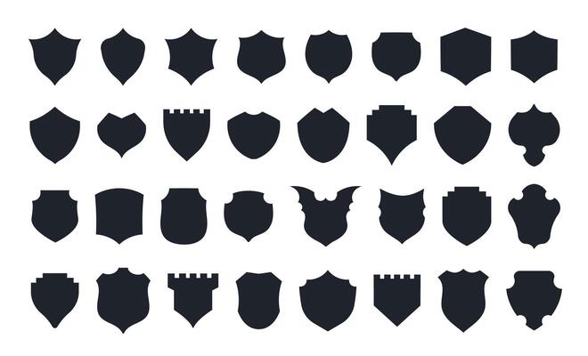 Shield icon. Heraldic shield set. Protect security line icons. Badge quality symbol, sign, logo or emblem. Black knight award contours and linear signs. Shapes silhouette.